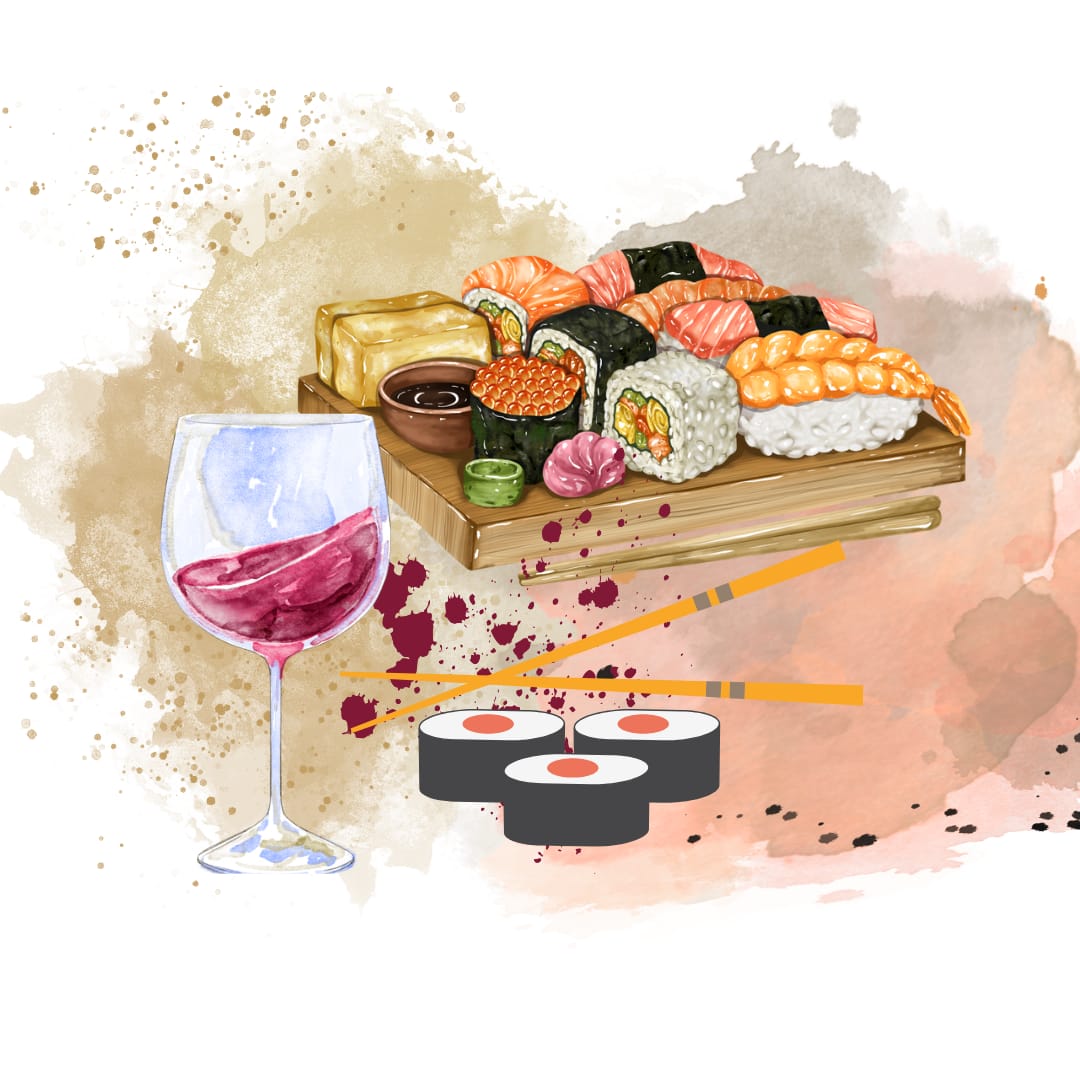 sushi and wine drawing